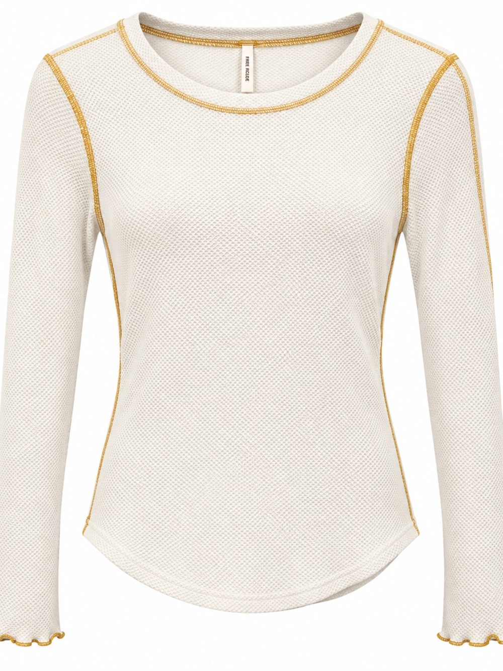 Free People Cream Long-Sleeve Thermal Top with Gold Stitching